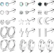 [HAIAISO] 15 Pairs Surgical Steel Small Earrings Set for Multiple Piercing 20G Tiny Stud Earrings CZ Huggie Hoop Earrings Tragus Daith Helix Cartilage Earrings Screw Flat Back Earrings for Women Men