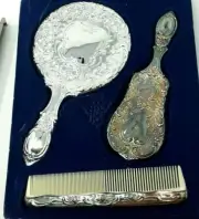 Vintage Victorian Vanity Set Brush Comb and Mirror Silver-plate May Company