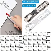 Paper Clam Clip Dispenser Handheld File Document Clipper with 50 Reuseable Stainless Steel Refill Clips for Home Office School
