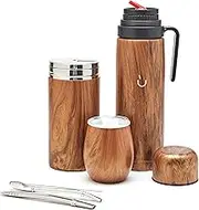 BALIBETOV Complete Yerba Mate Set - Modern Mate Gourd, Thermos, Yerba Container, Bombilla and Cleaning Brush Included - All Premium Quality 304 18/8 Stainless Steel (Wood)