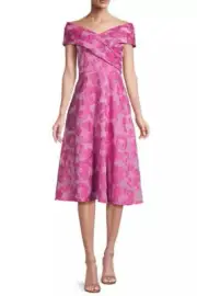 Aidan Mattox Elegant Magenta Floral Jacquard Off-The-Shoulder Midi-Dress