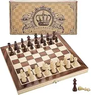 Amerous 12" x 12" Magnetic Wooden Chess Set for Adults and Kids, 2 Bonus Extra Queens, Folding Board with Storage Slots, Handmade Chess Pieces, Portable Travel Chess Board Game Sets, Gift Packed Box
