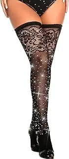 [Florry] Sparkly Fishnet Tights Rhinestone Thigh-High Lace Patterned Fishet Stockings Sexy Pantyhose Stockings for Women, Black, One Size