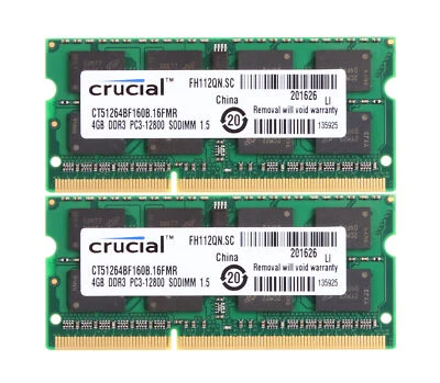 2pcs 4GB RAM Crucial PC3-12800 DDR3-1600 204pin SO-DIMM Laptop RAM Memory New