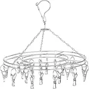 PELLUM Stainless Steel Clothes Drying Rack with 20 Clothespin Pegs – Anti-Wind Clip Hanger Clothesline & Metal Laundry Drip for Socks, Towel, Lingerie, Short, Underwear, Scarves, Diaper – Indoor Outdoor (Round)