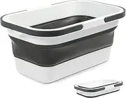 Collapsible Laundry Basket 16L - Laundry/Picnic Use - White & Grey - Long Handles, Easy Compact Storage - Use in Apartments & Houses - Lightweight 800g - 47x28x21.5cm Expand/7cm Collapse