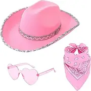 [Generic] Western Cowboy Hat with Glasses & Bandana, Wide Brim Western Sequins Cowgirl Hats for Girls Women, Red/Pink/Black/White