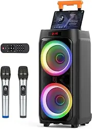 JYX Karaoke Machine with 2 Wireless Microphones for Adults, 8" Big Bluetooth Party Speaker with 500W Peak Power, PA System with LED Disco Light, Rolling Wheels and Trolley, Perfect for Outdoor Home