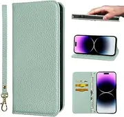 NanHou iPhone 14 Pro Case Microfiber Leather RFID Blocking Wallet Magnetic Closure Kickstand Wrist Strap Card Holder Shockproof Flip Cover - Light Green