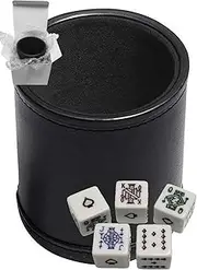 (Poker (Spades Ace) White, Black/Black Cup) - Set of 16mm Poker Dice Squared Corners and Black PU Leather Dice Cup Plush Velvet Lined - Gift Boxed
