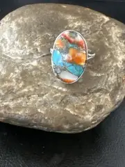 Blue Turquoise Orange Spiny Oyster Navajo Sterling Silver Ring Size 10 18207