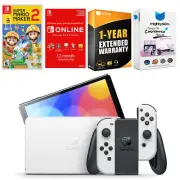Nintendo Switch White OLED + Mario Maker 2 Game + NSO 1 Year Family Membership
