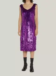 $2945 Dries Van Noten Women's Purple Sequin Fringe Damaras Shift Dress Size 36