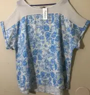 Lungo L'arno 100% Linen Floral Tunic Cap Sleeve Top Italy Beige/Blue Plus Sz 1X
