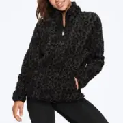 VICTORIA'S SECRET PINK Sherpa Fleece Quarter Zip Pullover Animal Leopard Black M