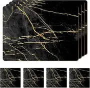 Moderry Set of 4 Heat Resistant Cork Placemats for Dining Table with Free Set of 4 Matching Drink Coasters Marble Design 16 x 12 Inches Cork Backed Hard Placemats (Black & Gold)