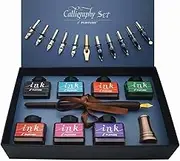 (7 colors) - Plotube Calligraphy Pen Set - Includes Wooden Dip Pen, Antique Brass Holder, 11 Nibs, 7 Ink Bottle and Beginner's Manual (7 colours)