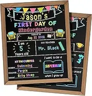 First & Last Day of School Chalk Board,10 x 12‘’ Double Sided Back to School Sign, Reusable Wooden 1st Day School Chalkboard of Preschool/Kindergarten/First Grade Photo Props for Kids (Bunting Style)