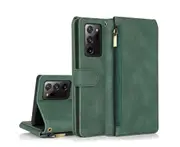 For Samsung Galaxy Note 20 Ultra Case, Leather Zipper Purse Flip Cover Case with Card Slot Holder Wrist Strap Lanyard (Dark Green)