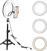 10" LED Selfie Ring Light with Extendable Tripod Stand & Phone Holder for Live Stream/YouTube Video, BONFOTO Dimmable Desktop Makeup Camera Ringlight for Photography,Compatible with iPhone/Android