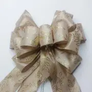 Gold Satin with Glitter Leaf Print, Christmas Bow