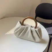 Cloud Bag with Wooden Handle for Women, Soft Clutches Pleated Chain Shoulder Handbag white