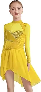 [inhzoy] Girls Rhinestones Modern Lyrical Dance Dress Long Sleeves Mesh Patchwork Chiffon Splice Dancewear