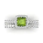 1.60ct Princess Cut Halo Pave Real Peridot Promise Bridal set 14k White Gold