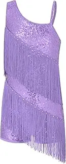 [Jugaoge] Kids Girls Shiny Fringed Tassels Latin Dance Dress Sleeveless Salsa Tango Ballet Ballroom Dancewear