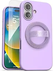 Encased Finger Ring Case, Designed for iPhone 16 Plus (Compatible with MagSafe) Liquid Silicone Cover with Magnetic Phone Grip (Purple)