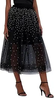 [Generic] Women's Pull on a Line Midi Tulle Skirt Medium Length Temperament Women's See Through mesh Skirt