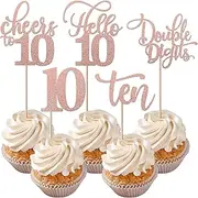 Rsstarxi 30 Pack 10th Birthday Cupcake Toppers Rose Gold Glitter Ten Double Hello 10 Cupcake Picks Cheers to 10 Years Old Cake Decorations for 10th Birthday Party Supplies
