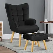 ALFORDSON Velvet Armchair Nursing Chair with Ottoman Footstool Bozena Series, Leisure Occasional Lounge Sofa Wooden Legs, Accent Chair for Reading Dressing Bedroom Living Room, 180kg Loading, Black