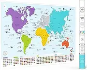 XL World Map with Flags - 97 x 67cm Easy to Frame Wall Art Poster - Travel Map Designed for Kids & Adults + 50 Interesting Facts