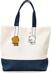[Milkmochabear] Hanging Out Canvas Tote Bag Authentic Merchandise With Denim Straps Zipper Pocket Magnetic Closure For Men Women Unisex Cute Adorable Casual Daily Use Shopping Travel Fun, White, One