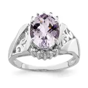 Sterling Silver Rhodium Checker-Cut Pink Quartz u0026 Oval Natural Diamond Gemstone Birthstone Ring Fine Jewelry Gift for Her