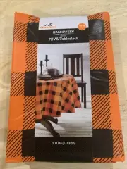 NEW, ROUND Halloween Peva Tablecloth Vinyl 70” DIA. Checkered , New