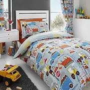Big Digger Trucks Tractor JCB Boys Kids Grey Blue UK Double/AU Full Duvet Cover Bedding Curtains