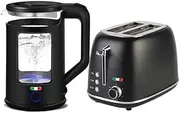 Vintage Toaster & 1.7L Glass Kettle Set - Black Modern Design, 2 Slice - LED, Browning Control, Keep Warm - Chrome Trim - Stylish Kitchen Combo