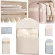 [Generic] Space Saving Hanging Garment Bag Protector with Self Compression Zipper, Closet Space Saver Storage and Organizers Bags for Clothes, Travel Dust Cover Clothes Bag for Down Coat(Beige,Small)