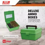 Mtm Deluxe Ammo Boxes W/ Handle 100 Round Fits 22-250 To 458 Winchester Green