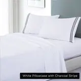 Soft Microfibre Embroidered Stripe Sheet Set Single White Pillowcase Charcoal Stripe