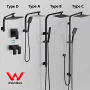 Square 8'' Rain Shower Head Set Gooseneck Rail Wall Arm / Mixer Taps WELS Black