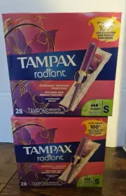2 New Boxes Of Tampax Radiant Super Absorbency Tampons, Unscented, 28 Count