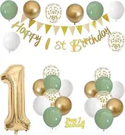 Generic 1st Birthday Decorations, 28 Pieces Foil Balloon Kit, Green, Gold, White, Birthday Decorations Set, 24 Balloons, Unisex-Kids