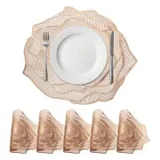 Rose Floral Placemat Set of 6 Round Metallic Vinyl Flower Pressed Placemat, Gold