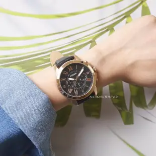 【FOSSIL】黑皮革玫瑰金三眼計時手錶 男錶 母親節(FS5085)