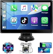 Podofo Portable Car Stereo Wireless Apple Carplay & Android Auto 10.1" Touch Carplay Screen for Car Bluetooth Audio Receivers Radio Smart Player with Airplay Android Cast Rear Back Up Camera YouTube