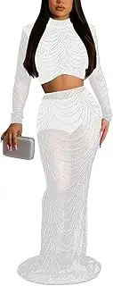 [LUXRUB] Women's Sparkly Rhinestone 2 Piece Outfits Sexy Mesh See-Through Long Sleeve Crop Top and Skinny Maxi Skirt Party Sets (Color : White, Size : X-Large)