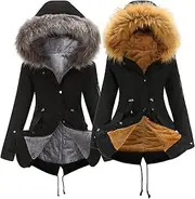 [JEShifangjiusu] Women Wool Lined Military Jacket With Fur Hood 2 Winter Clothing Mid - Long Thick Sherpa Thermal Coat Anoraks, Color 7, L